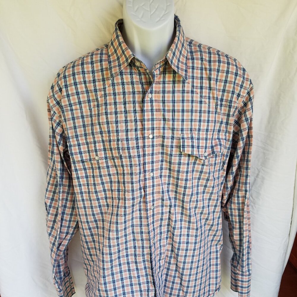 Wrangler XL Pearl Snap Western Salmon Blue White Plaid Shirt
